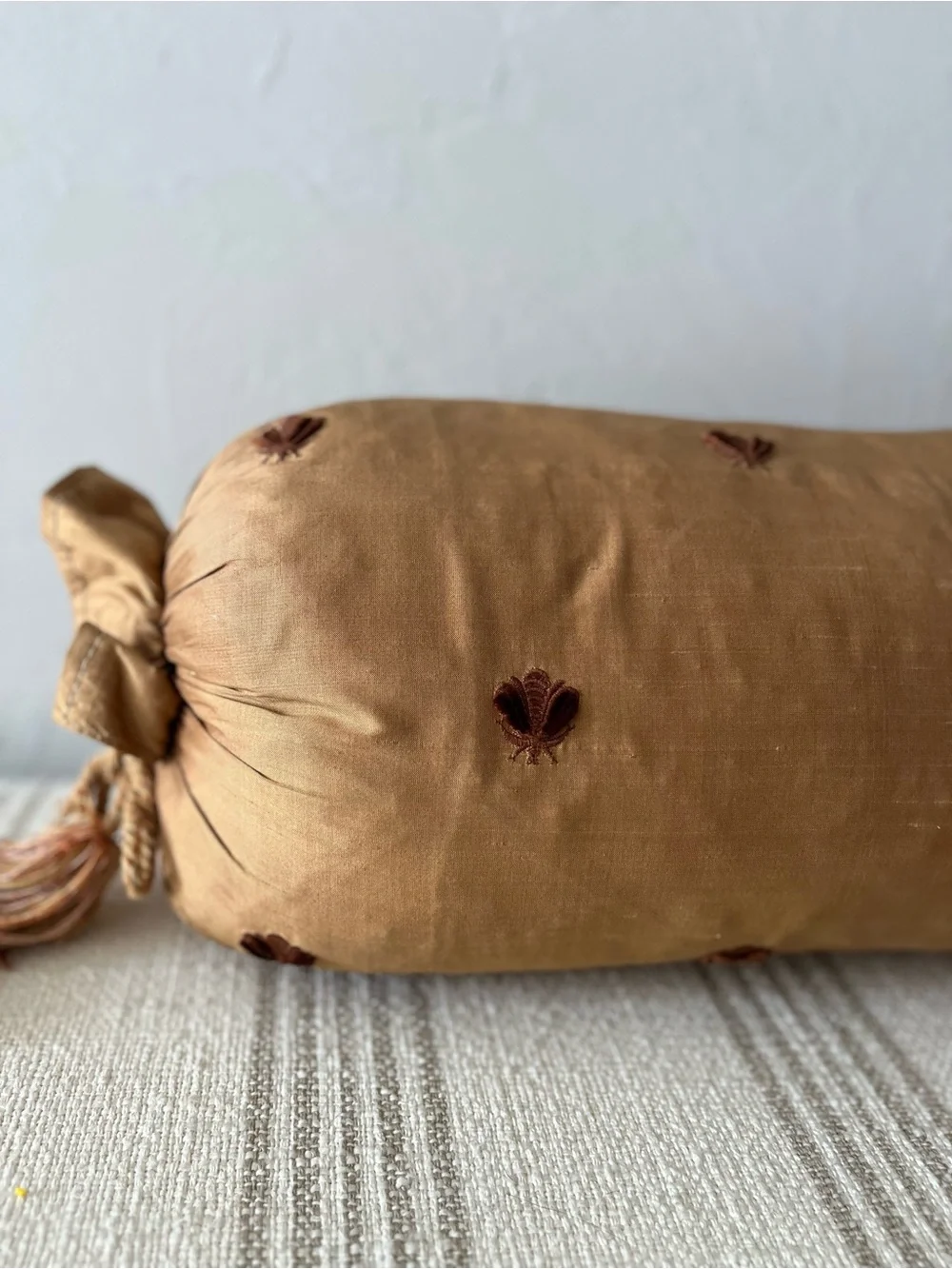 Tan/Brown Decorative Bolster Pillow with Embroidered Bee Accents
